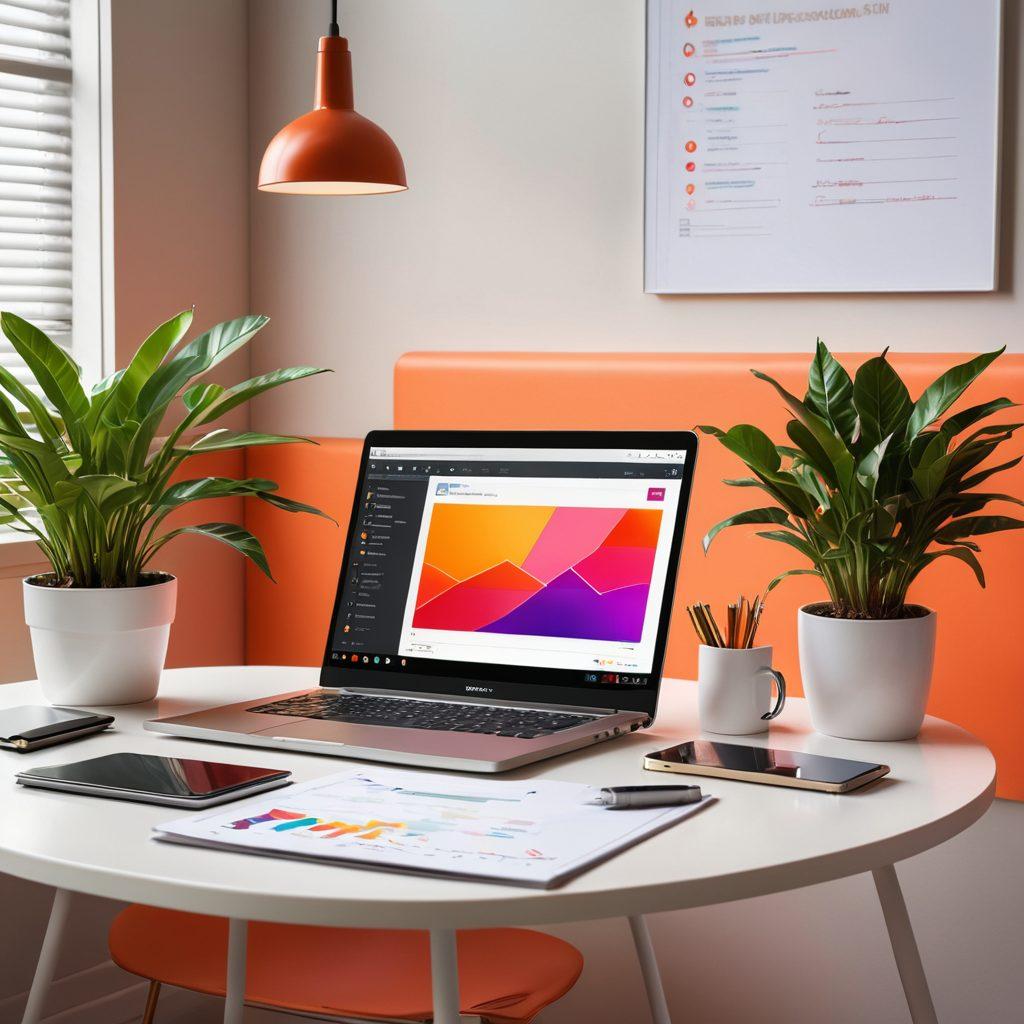 A dynamic workspace featuring a sleek laptop open to a colorful digital dashboard displaying online submission forms and document management tools. Surround the laptop with scattered, organized documents, a smart pen, and a vibrant coffee mug. Add potted plants for a fresh touch, and use a blend of soft natural lighting and tech-inspired neon accents to evoke productivity and innovation. super-realistic. vibrant colors. modern art.