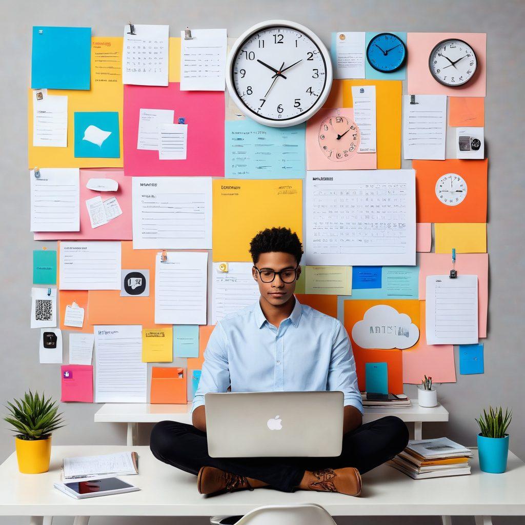 A visually engaging collage depicting a seamless digital workspace: a person effortlessly uploading files on a sleek laptop surrounded by vibrant icons representing various digital platforms. Include elements like a clock for time management and a checklist to symbolize organized workflow. Use a bright color palette to convey positivity and productivity. super-realistic. vibrant colors. minimalist design.