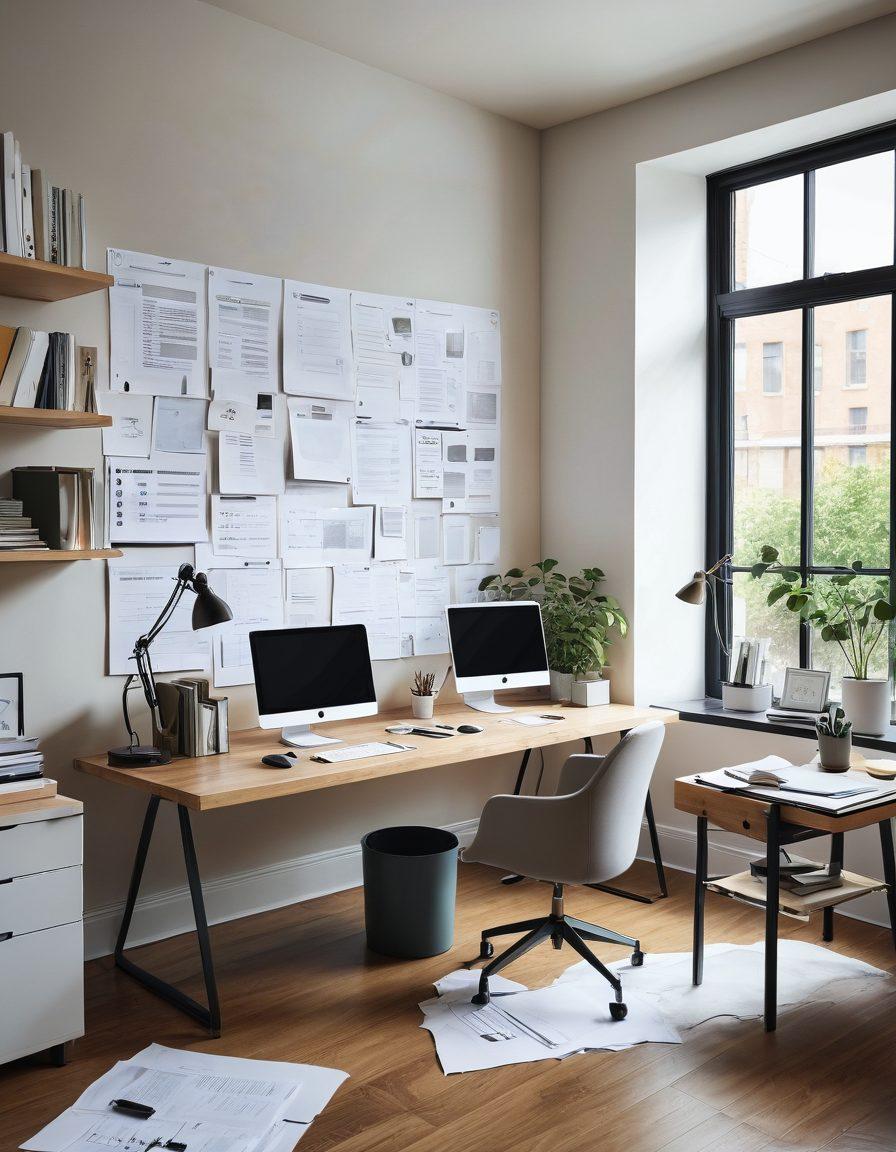 A serene office space with a neatly organized digital workspace, showcasing transformed document management processes. Include a person feeling empowered while accessing documents effortlessly on a sleek device, contrasting cluttered papers fading into the background. Soft light filtering through, symbolizing clarity and calmness amidst chaos. Flowing lines connecting documents to illustrate seamless organization. digital art. vibrant colors. clean layout.